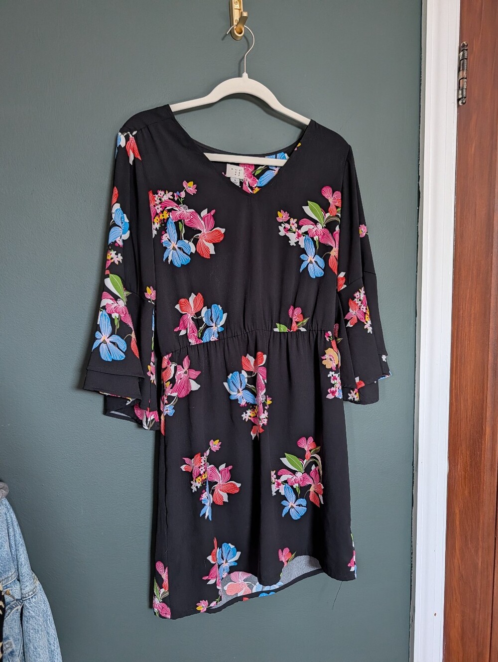 a new day Black Dress with Pink and Blue Orchid Print - Picture 1 of 5